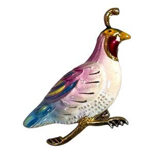 Vintage Gamble Quail Game Bird Enamel Brooch Pin Gold Tone Multicolor Jewelry
